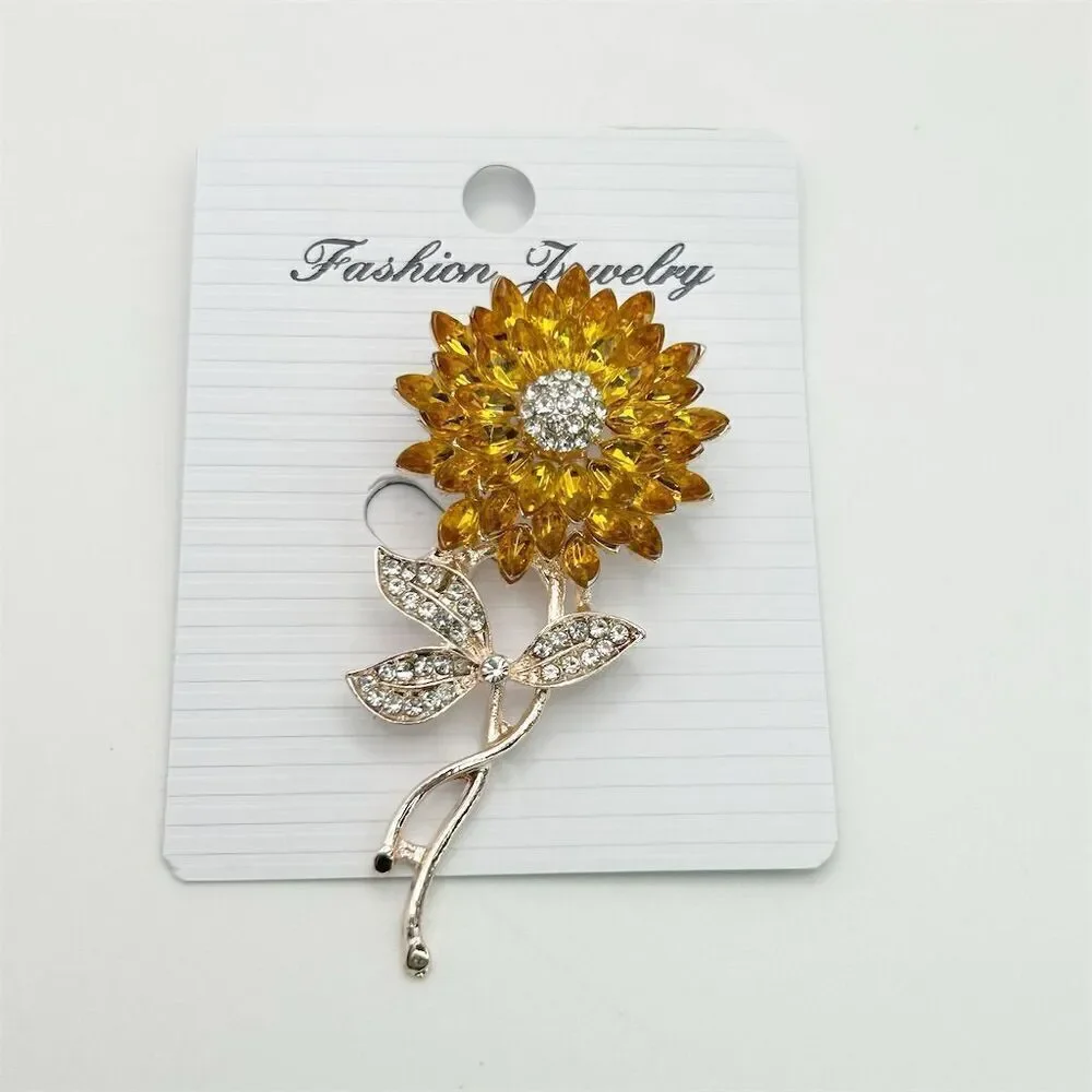 Beautiful Statement Sunflower Brooch Gold Tone with Rhinestones Vibrant Sunshine